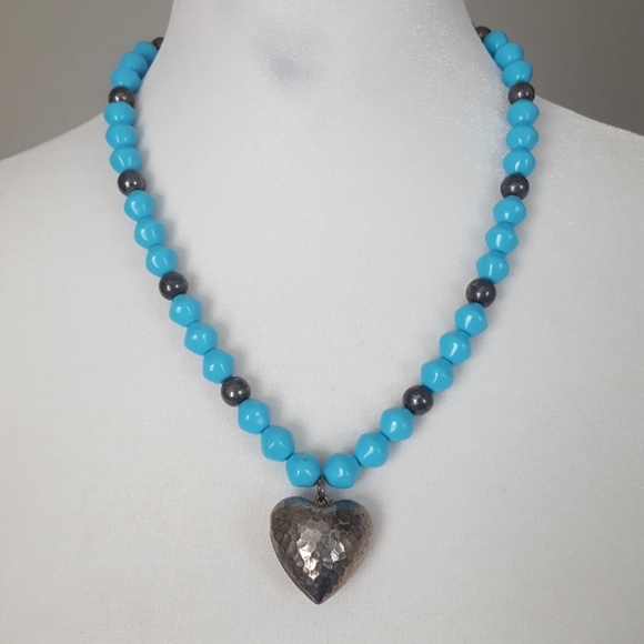 Alabaster Blue Bead and Silver Heart Pendant - Picture 1 of 4